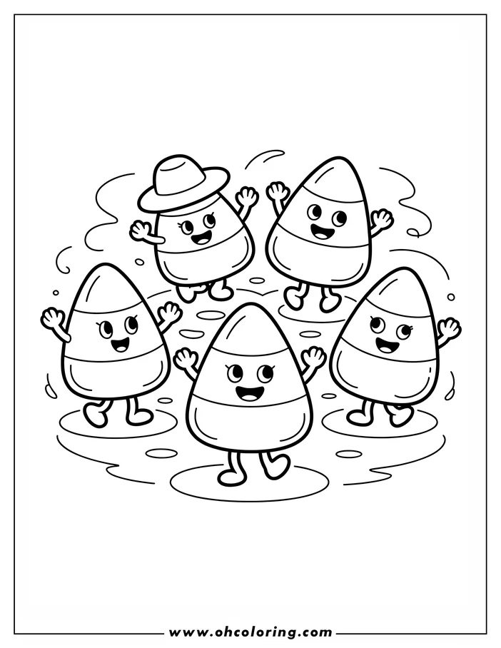 Line art of five happy candy corn characters dancing for Halloween.