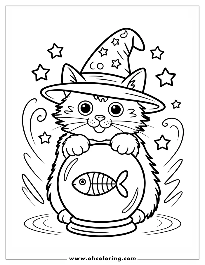 Line art of a Halloween cat wearing a wizard's hat and looking into a crystal ball with a fish inside.