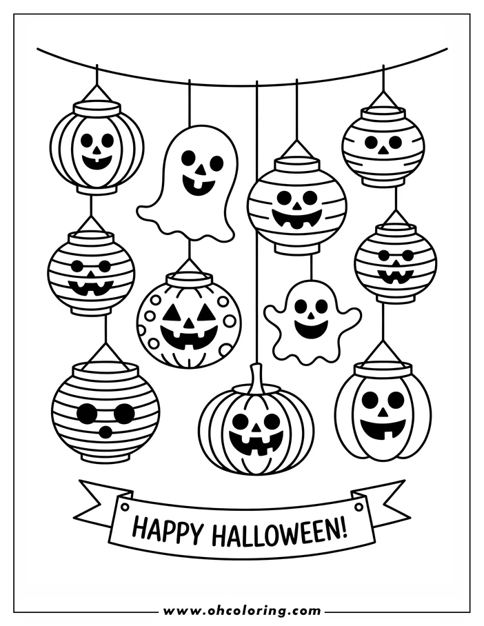 Line art of Halloween lanterns and ghosts hanging from a string, with two pumpkins also included and a "Happy Halloween!" banner below.