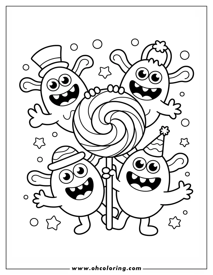 Four Halloween monsters with various hats and party favors gather around a giant lollipop, smiling cheerfully amid decorative stars and circles.