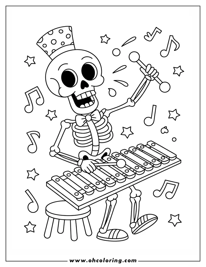 Line art of a Halloween skeleton playing a xylophone. The skeleton wears a hat and bow tie, sits on a stool, and is surrounded by musical notes and stars.