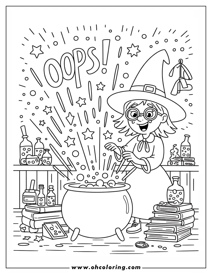 Line art of a Halloween witch stirring a bubbling cauldron, with stars and circles erupting from it. Various potion bottles and spell books surround her.