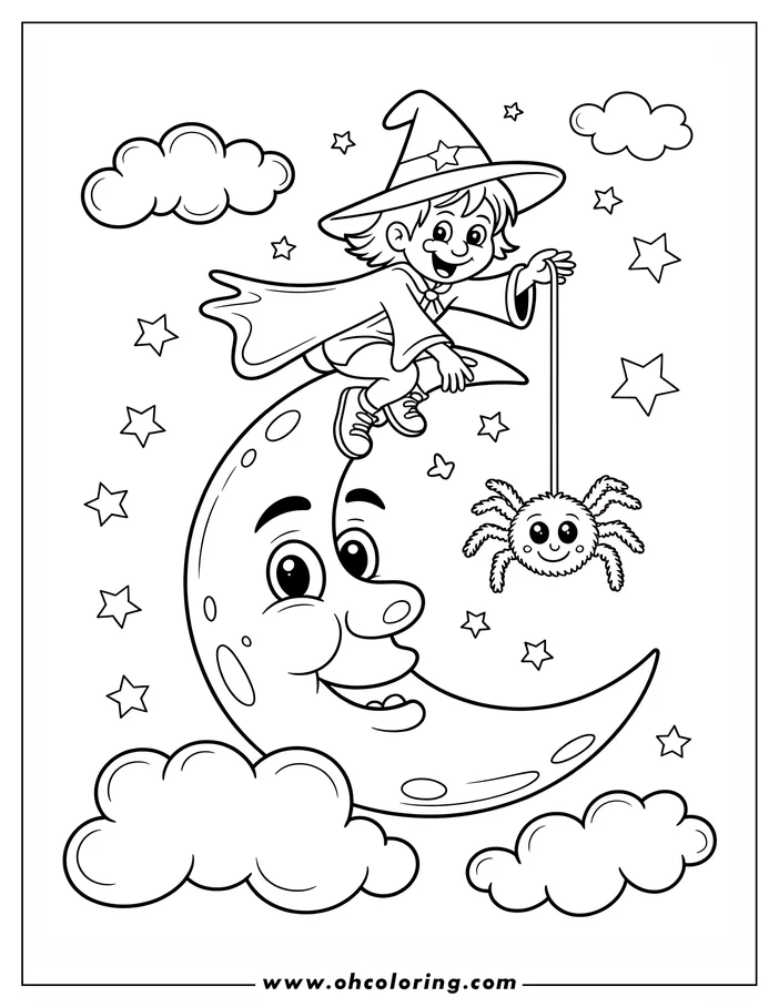 Line art of a Halloween witch sitting on a crescent moon, dangling a string with a cute spider hanging from it.