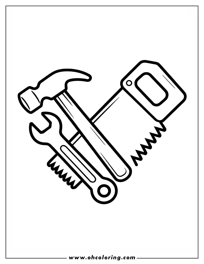 Line art of a hammer, saw, and wrench crossed over one another, ready for coloring. This simple design makes a great coloring sheet for Father's Day or for those interested in tools.