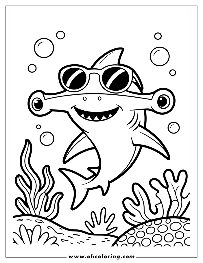 Cartoon hammerhead shark wearing sunglasses swimming underwater surrounded by bubbles and coral.