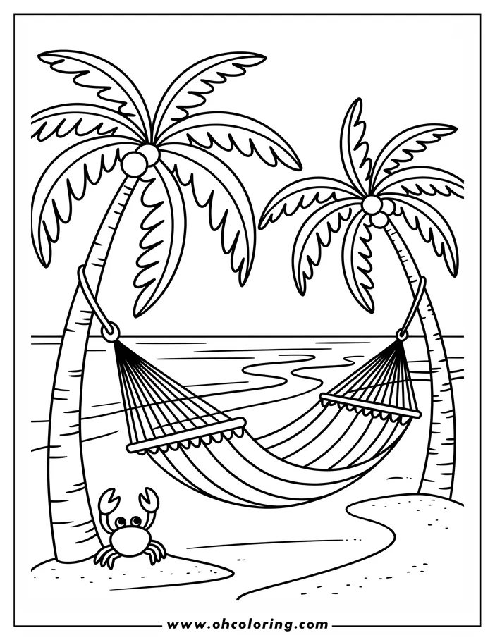 Line art of a hammock hanging between two palm trees on a beach with a crab nearby.