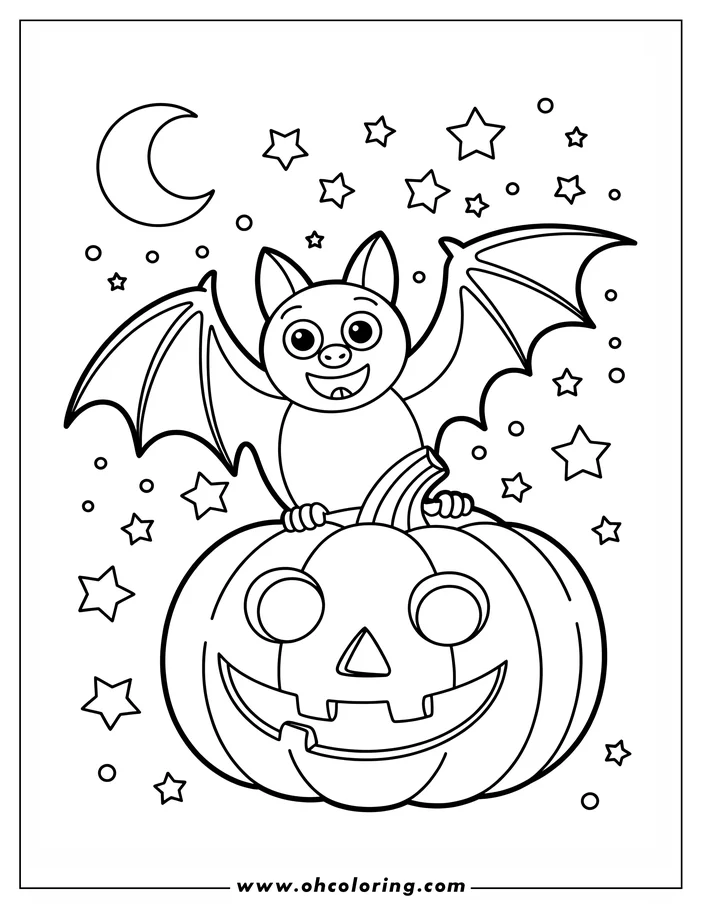 Line art of a cheerful cartoon bat with outstretched wings sitting on top of a carved jack-o'-lantern under a starry night sky with a crescent moon. This is a fun Halloween-themed coloring sheet design.