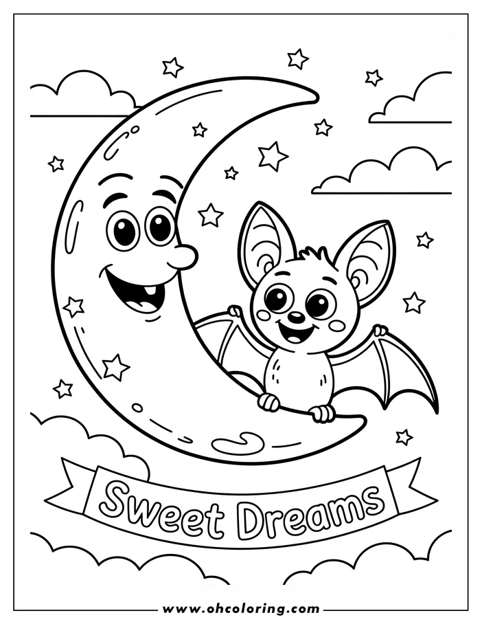 Line art depicting a happy cartoon bat sitting on a smiling crescent moon in the night sky with stars and clouds. This cheerful scene, with a "Sweet Dreams" banner, is a coloring sheet design for kids.