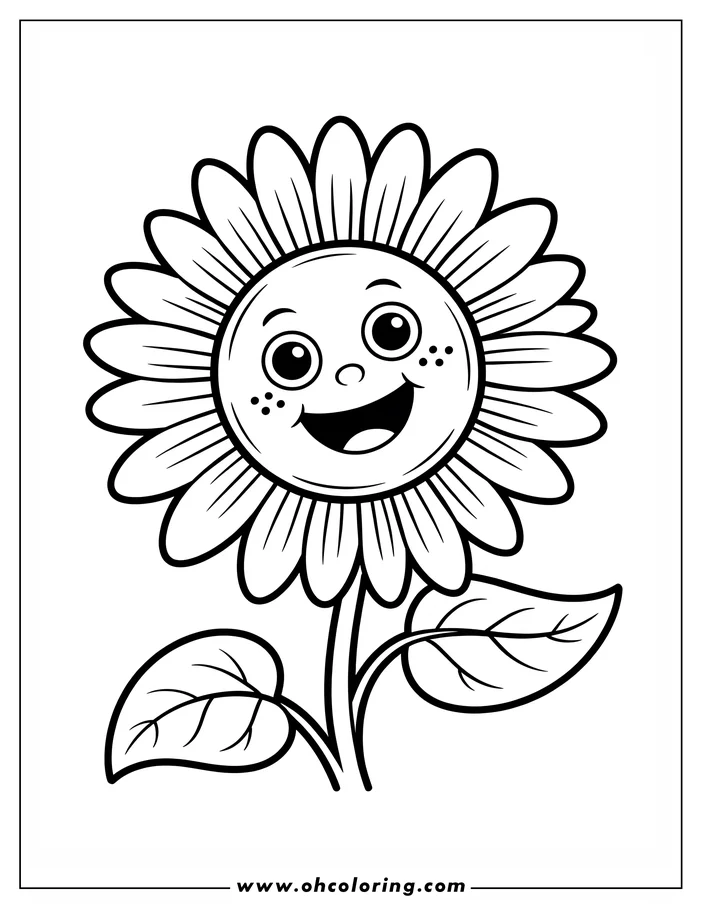Outline of a happy flower with two large leaves and a smiling face.