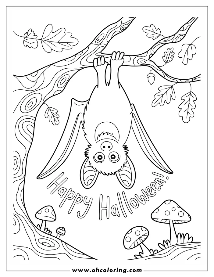 Halloween coloring page with an upside-down bat. The bat hangs from a tree branch with fall leaves, with mushrooms below. The line art features a cartoonish, smiling bat and the text 'Happy Halloween!'.