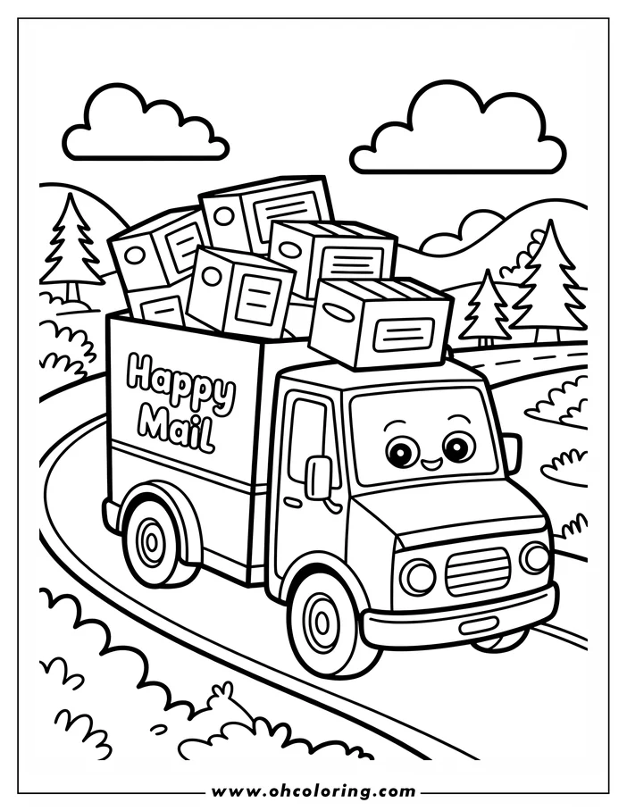 Line art of a happy mail truck carrying packages along a road.