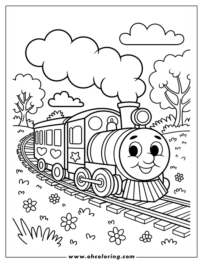 Outline of a happy train with a passenger car, steaming along a track through a field of flowers.