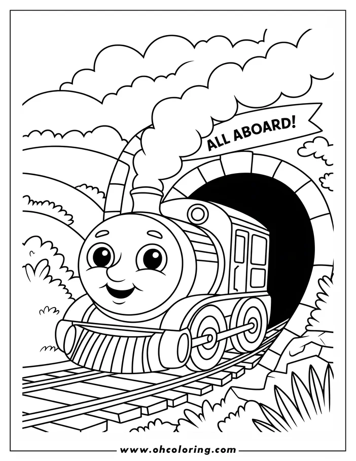 Line art of a cheerful train coming out of a tunnel with a banner that says "All Aboard!"