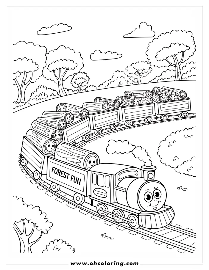 A cartoon train with smiling logs in its carriages traveling on a track through a forest.