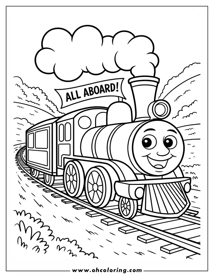 Outline of a happy train pulling a passenger car along a track with "All Aboard" banner and steam from smokestack.