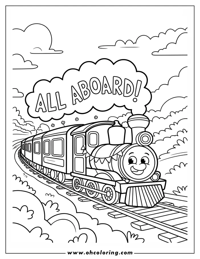 Line art of a happy train decorated with bunting, pulling passenger cars and saying "All Aboard!"