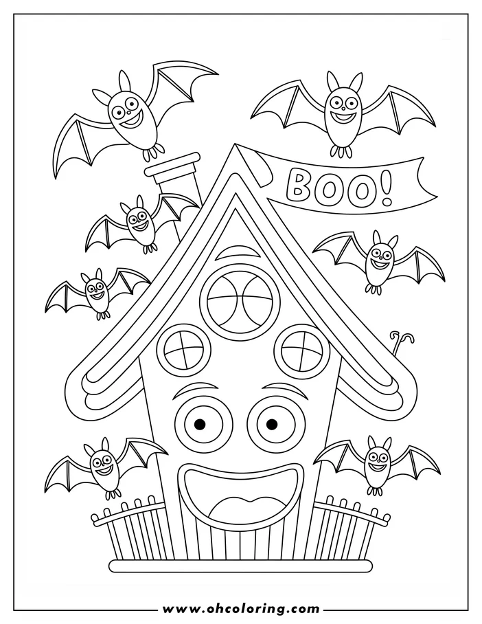 Line art of a Halloween haunted house with a smiling face and bats flying around it.