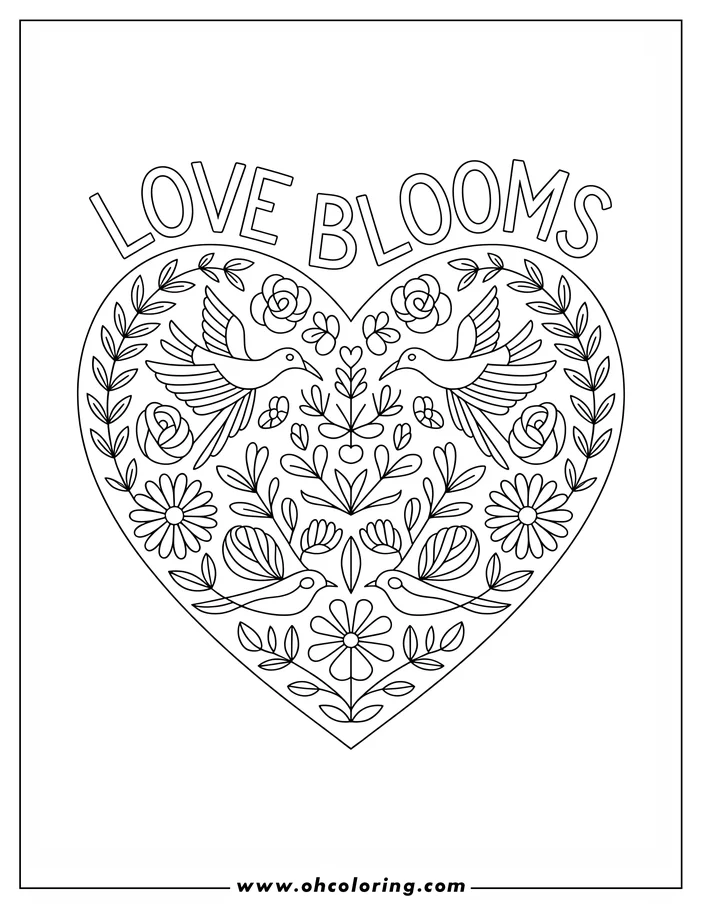 Intricate line art of a heart-shaped coloring page design. The heart is filled with a symmetrical pattern of flowers, leaves, vines, and two pairs of birds.  The larger birds are near the top, while smaller birds mirror each other at the bottom, creating a balanced composition.
