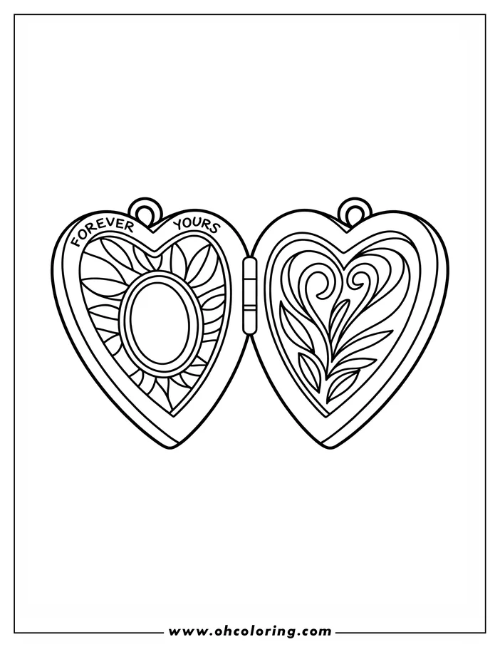Line art of an open heart-shaped locket. One side features a stylized sun design, while the other showcases decorative swirls and leaves. The words 'Forever Yours' are inscribed on the locket. This simple coloring page design is perfect for Valentine's Day.