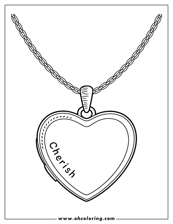 Line art of a heart-shaped locket on a chain. The word "Cherish" is engraved on the locket. A simple, printable coloring page design.