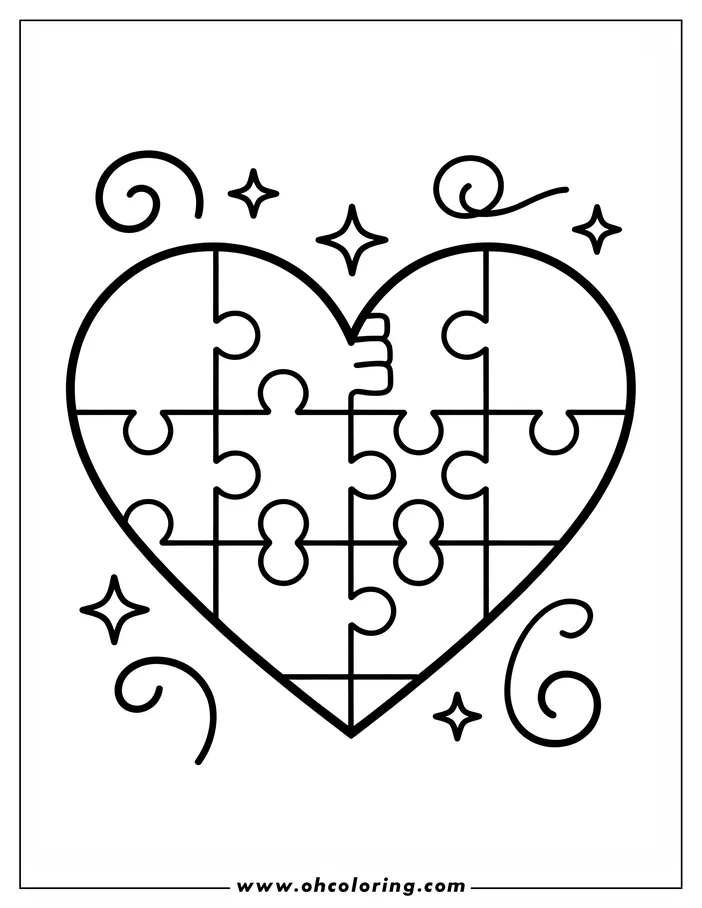 Line art of a heart-shaped puzzle, ready for coloring. The heart is formed by interlocking puzzle pieces, with decorative swirls and sparkles around it.