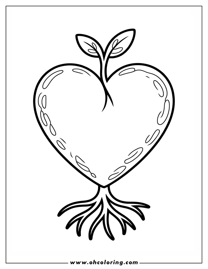 Simple line art of a heart-shaped plant with small leaves and roots, designed as a coloring sheet.