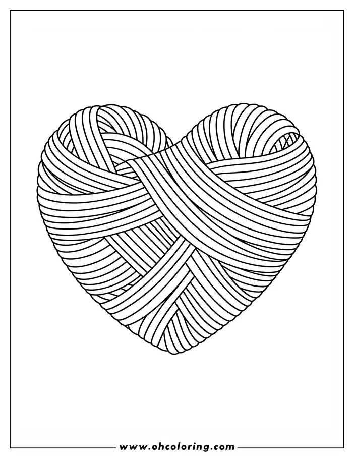 Line art of a heart-shaped ball of yarn, ready for coloring. The yarn is tightly wound, creating a lovely pattern perfect for a coloring sheet design.
