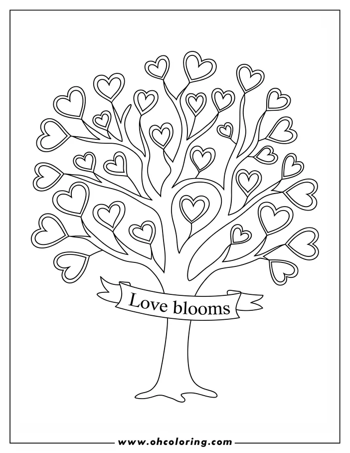 Line art of a tree with heart-shaped leaves. A banner across the trunk reads 'Love blooms.' This is a coloring sheet design.