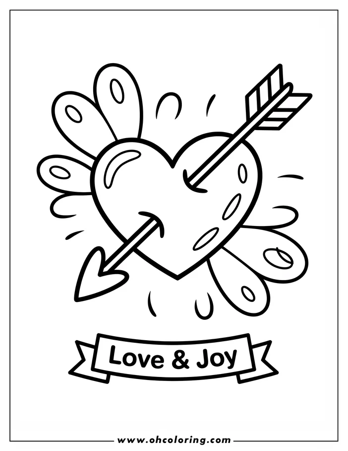 Line art of a heart pierced by an arrow, with decorative swirls around the heart and a banner below that says "Love & Joy." This is a simple design for a coloring sheet.