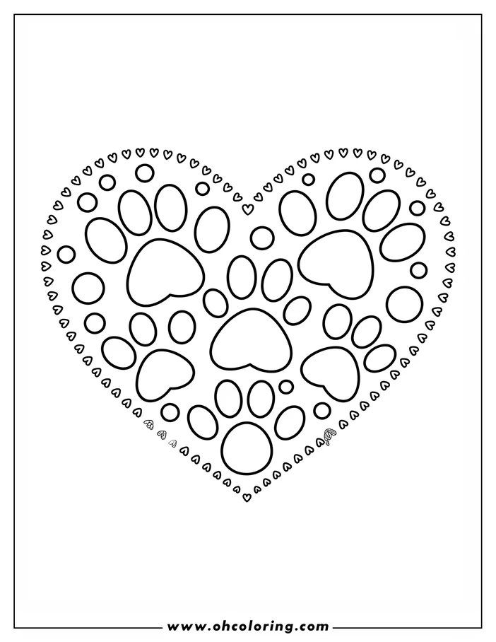 Outline of a heart shape filled with paw prints of varying sizes, creating a charming design.