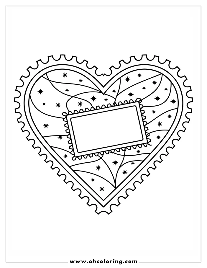 Line art of a heart-shaped coloring page design.  The heart has a scalloped edge and contains swirling lines, small stars, and a central rectangular area resembling a postage stamp.