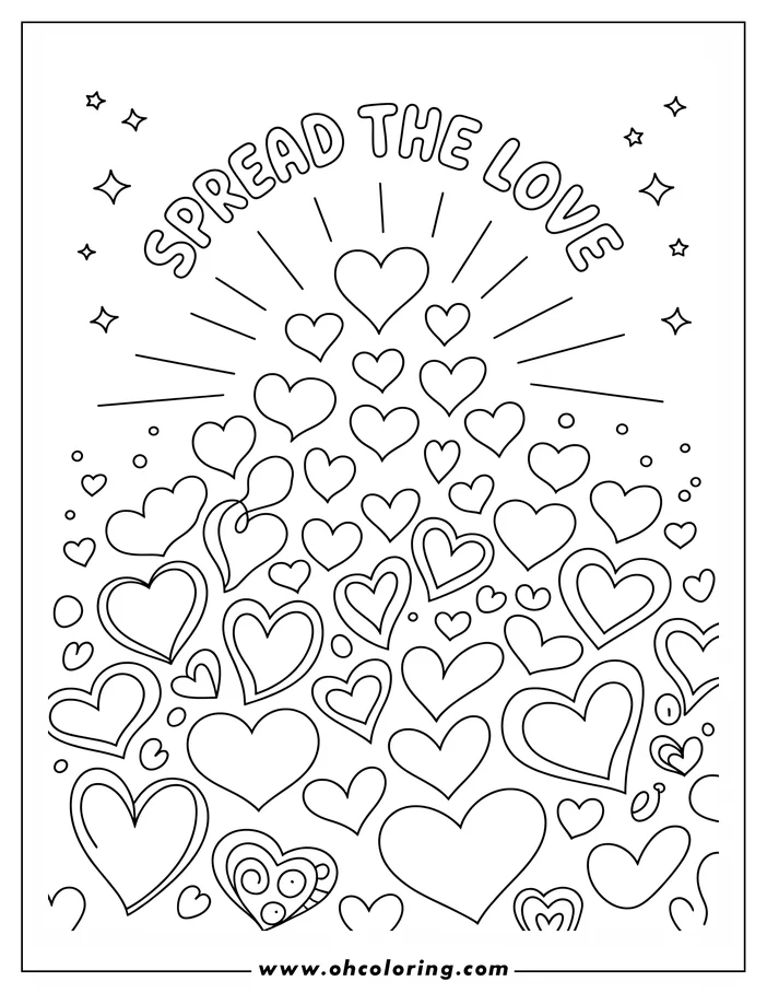 Line art depicting numerous hearts of various sizes. Some hearts feature inner patterns and details.  The words "Spread the Love" are displayed above the hearts, accompanied by small circles and starbursts. This is a design for a coloring sheet.