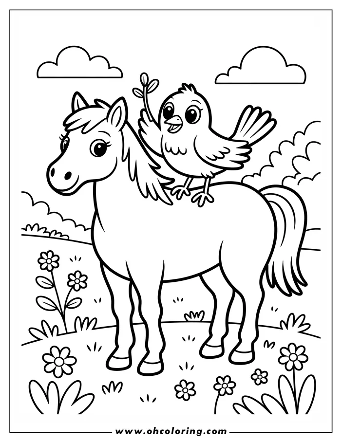 Line art of a horse with a bird on its back in a field of flowers.