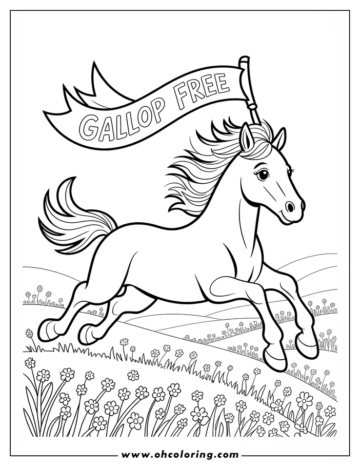 Line art of a horse galloping with a "Gallop Free" banner in a field of flowers.