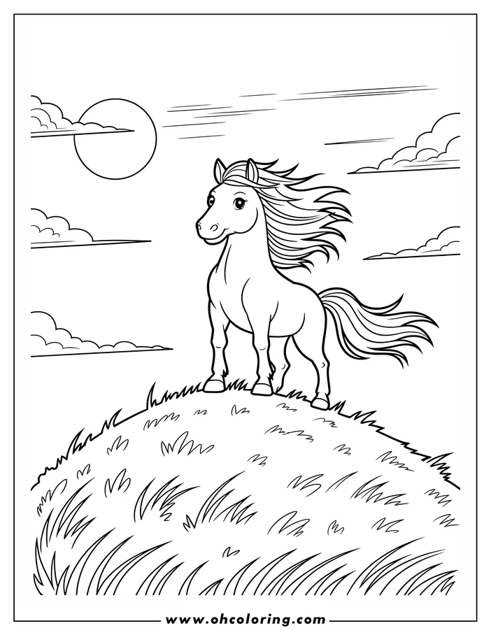 Outline of a cartoon horse standing on a grassy hilltop, with a large moon in the background.