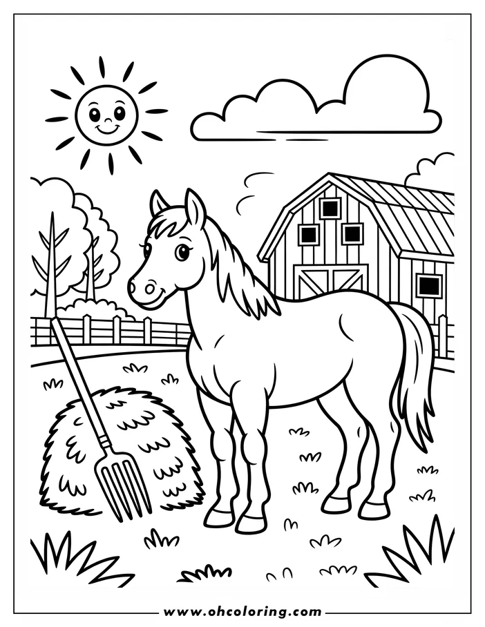 Outline of a horse standing in a field on a farm near a barn, pitchfork, and hay pile. A smiling sun and cloud are in the background.
