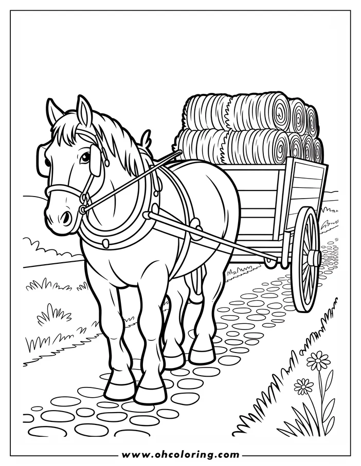 Line art of a horse pulling a cart loaded with hay bales along a cobblestone path.