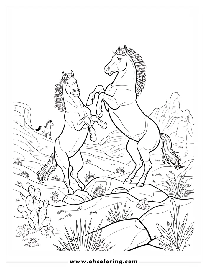 Line art of two horses rearing in a desert landscape with a third horse in the background, surrounded by cacti, rocks, and desert plants.