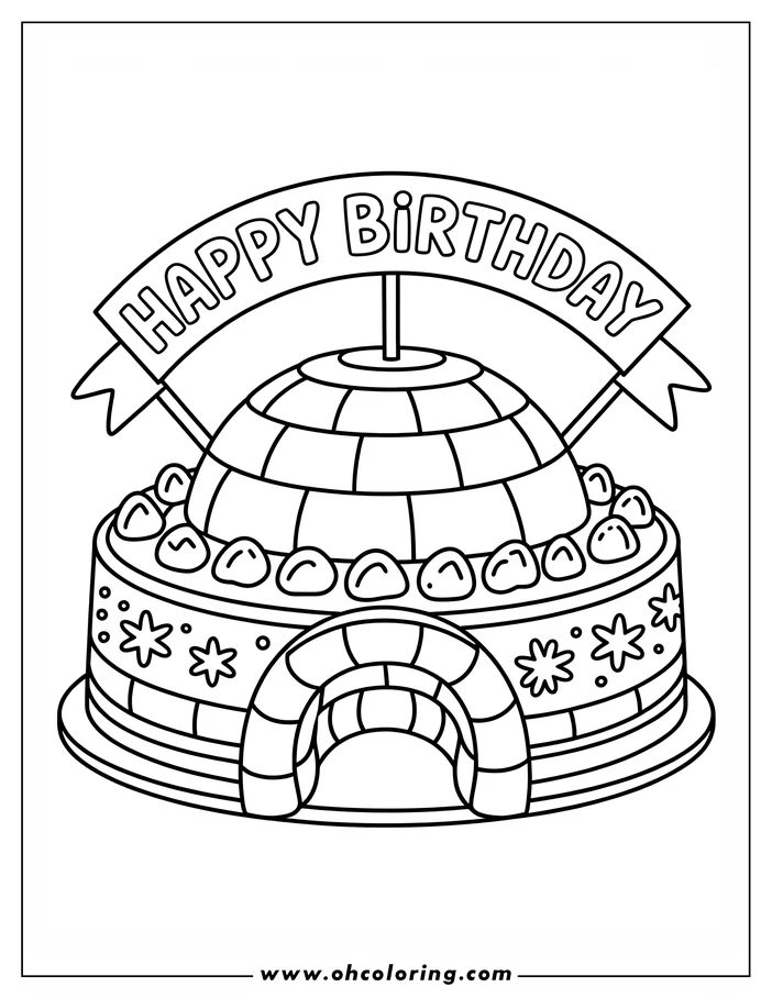 Line drawing of a birthday cake shaped like an igloo with a 'Happy Birthday' banner on top.
