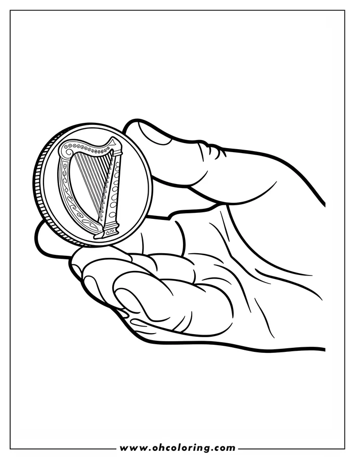 Line art depicting a hand holding an Irish coin featuring a harp, presented as a coloring sheet design. Perfect for St. Patrick's Day.