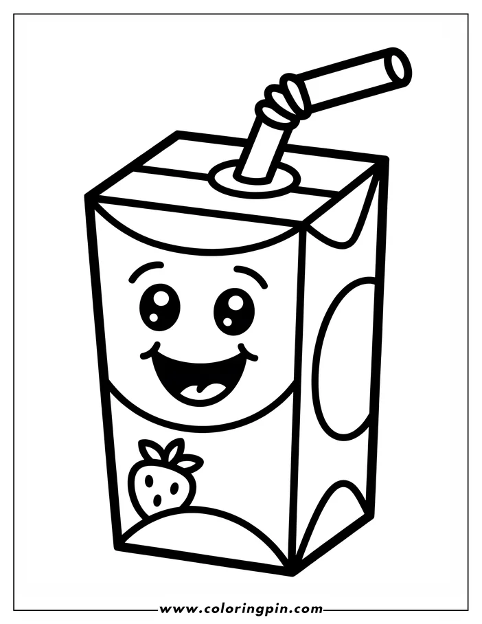 Outline of a happy cartoon juice box with a bendy straw. A strawberry is pictured on the front of the box.