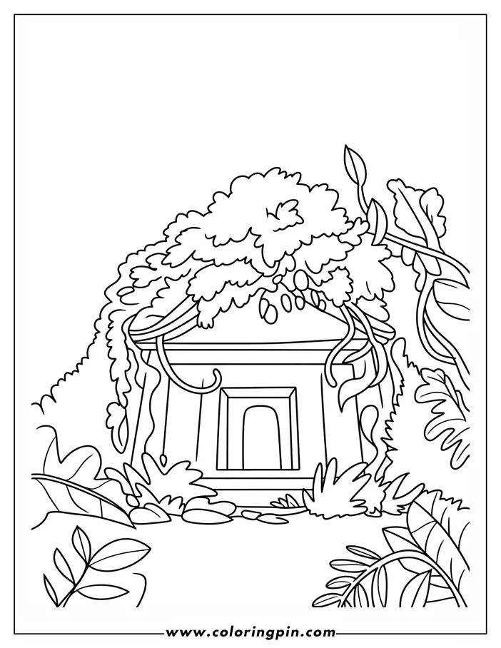 Line art of a small hut in a jungle setting surrounded by plants and vines.