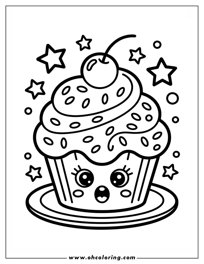 Line art of a surprised kawaii cupcake with a cherry on top, sitting on a small plate among stars and circles.