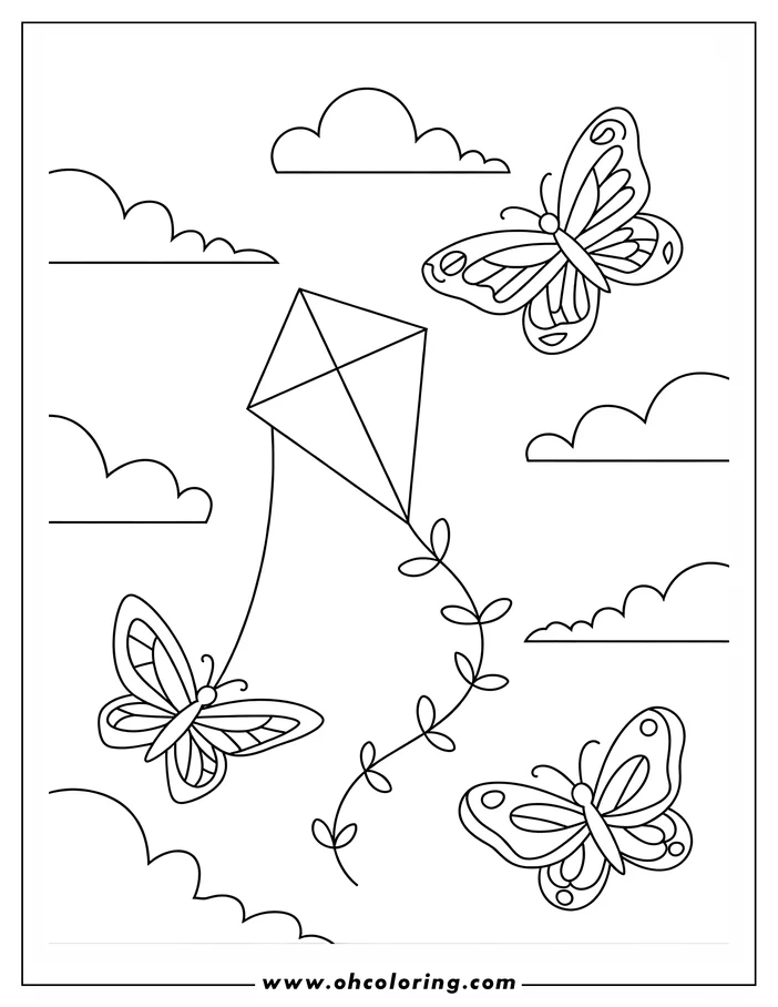 Line drawing of a kite flying among three butterflies, with clouds in the background.
