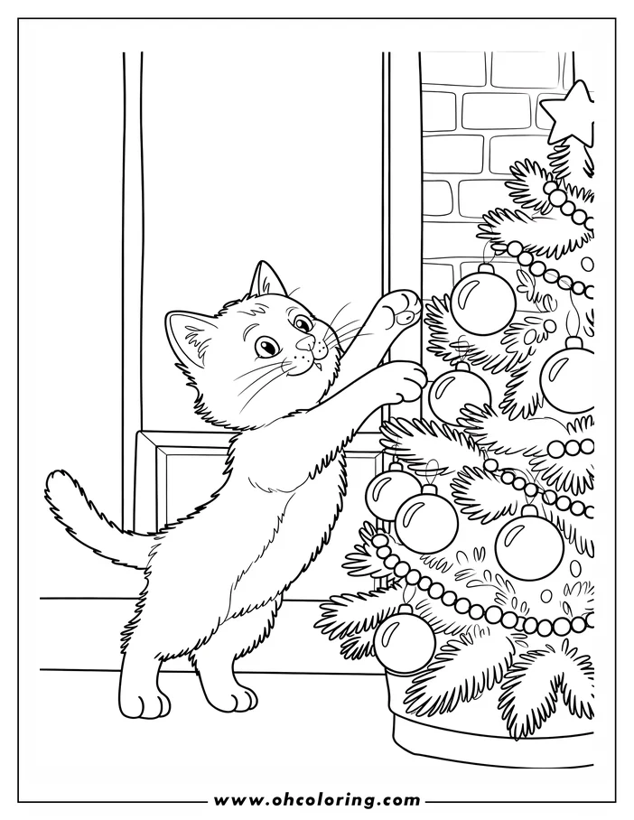 Outline drawing of a playful kitten reaching up to play with a decorated Christmas tree.