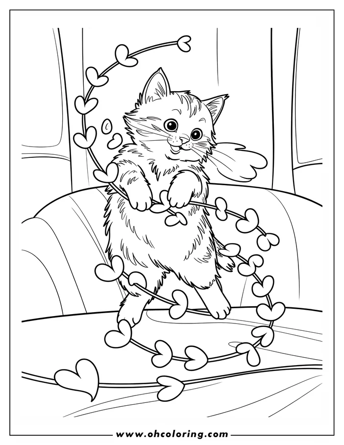Line art of a fluffy kitten playing with a Valentine's Day garland made of hearts. The kitten has large, expressive eyes and a playful pose.  A perfect coloring sheet design for Valentine's Day.