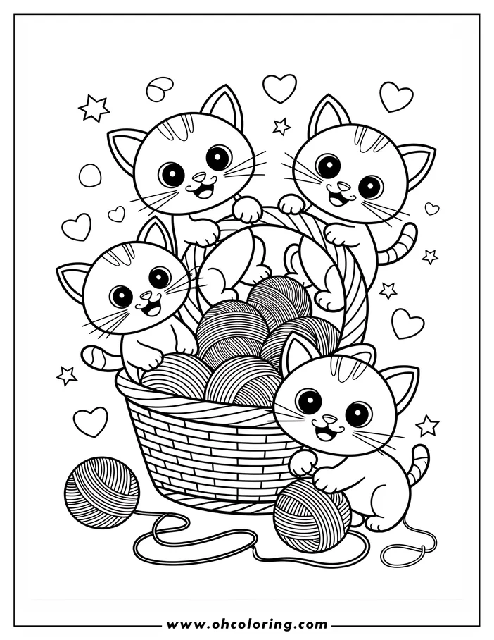 Four kittens playing with yarn in and around a basket, simple line art for coloring.