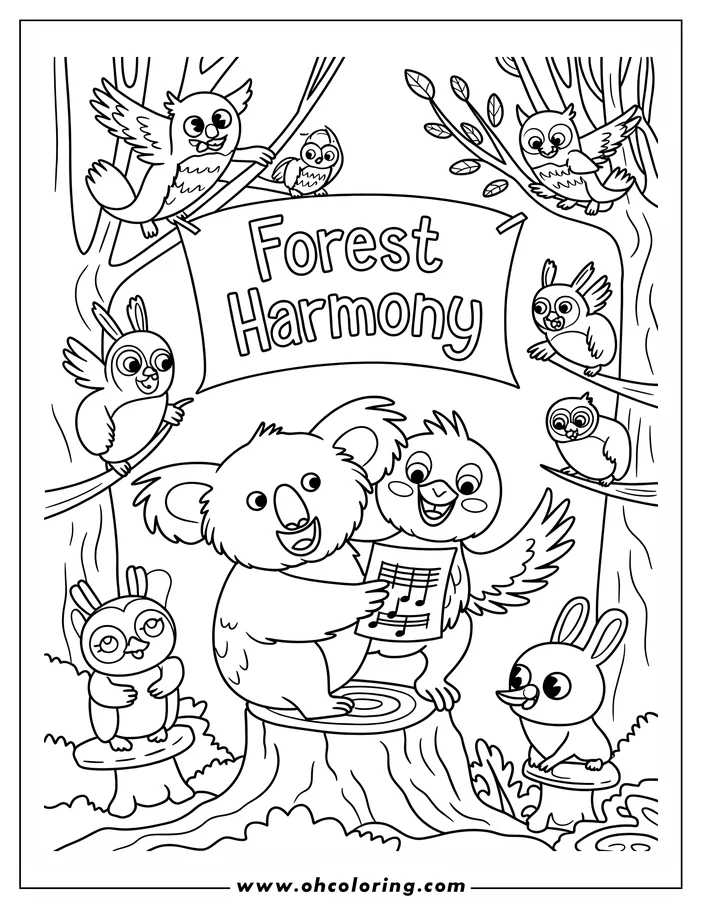 Line art of a koala and bird singing in a forest, with owls in the trees and other small creatures nearby