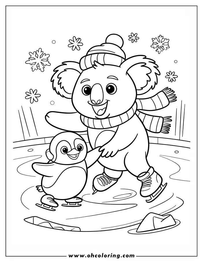 Line art of a koala and penguin ice skating together on a frozen pond.  Snowflakes fall around them, and a small piece of ice floats nearby.