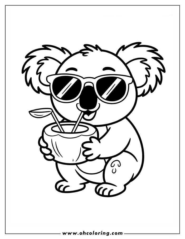 A koala wearing sunglasses and holding a coconut drink with a straw.